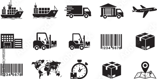 Set of logistics icons, delivery and cargo, shipping and transportation symbols