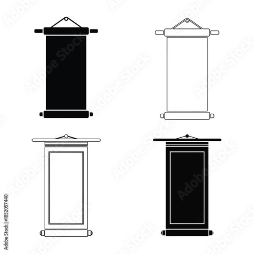 Chinese Scroll Blank Paper Vector Icons – Ancient Asian Manuscript and Frame Symbols