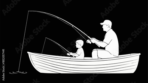Father and Son Fishing Together in a Boat.
