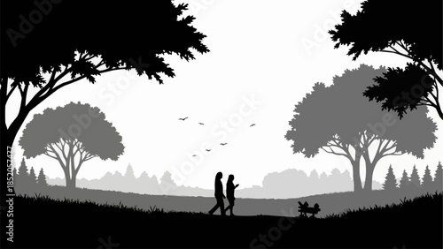 Couple walking a dog in a park silhouette.