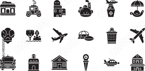 Set of travel icons, tourism and vacation, journey and destination symbols