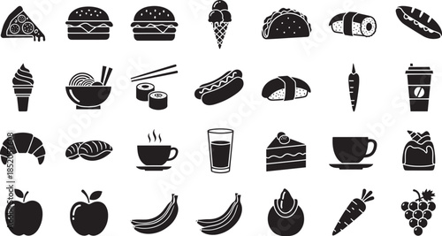 Food and drink icons on transparent background