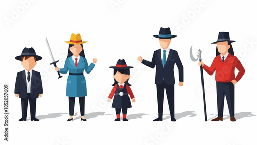 Diverse group of people in formal attire with unique accessories.