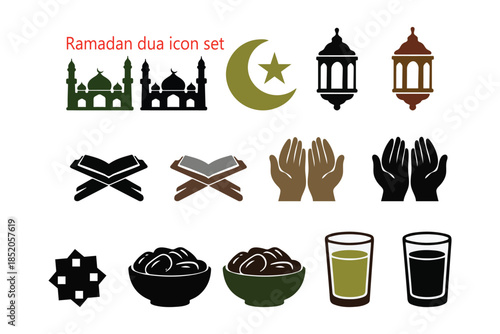 Ramadan Kareem Icon Set – Islamic Prayer, Mosque, Quran and Iftar Symbols