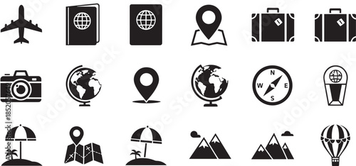 Travel and adventure icons on transparent background