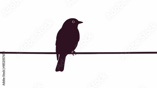Silhouette of a small bird perched on a wire against a white background.