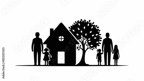 Family Silhouette in front of a House and Tree.