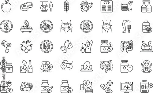 Healthy eating and nutrition icons for wellness and diet concepts
