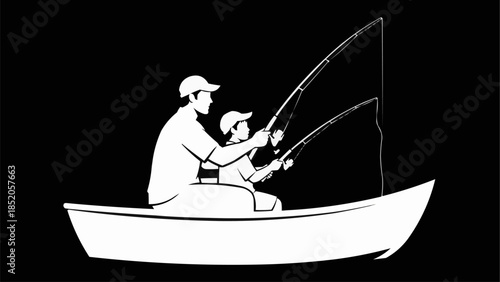 Father and Son Fishing Together in a Boat.