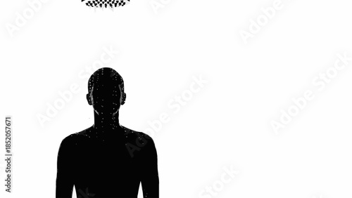 Silhouette of a person standing under a shower head.