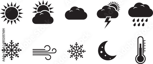 Weather icons and symbols on transparent background