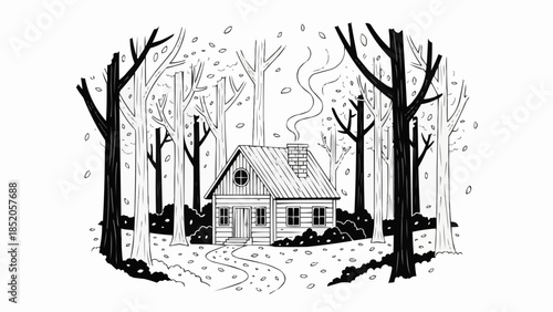 Cozy Cabin in the Woods Surrounded by Trees and Falling Leaves.