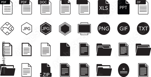 Document and file type icon set with various formats and symbols