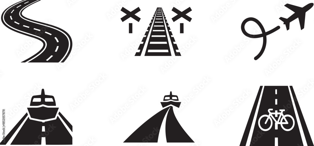 Fototapeta premium Set of black silhouette transportation and travel icons on background