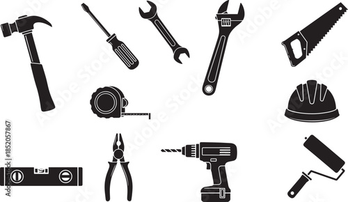 Set of silhouettes of working tools on transparent background