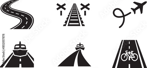 Set of black silhouette transportation and travel icons on background