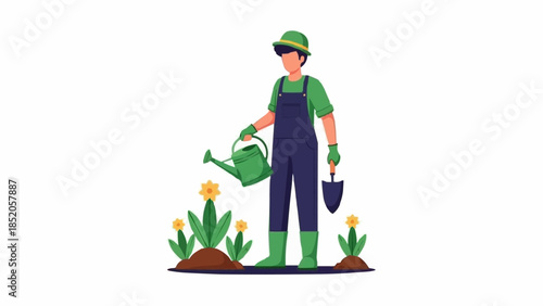 Gardener watering plants with a watering can and shovel.