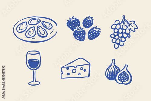 Wine and Cheese Snack Set Doodle Outline Vector Illustration