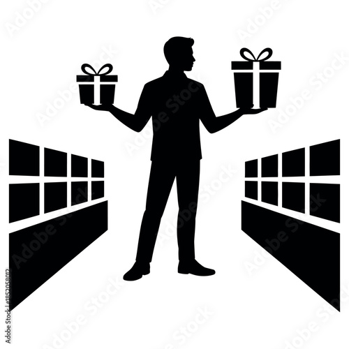 Man Shopping for Gifts in Aisle with Shelves Holding Presents While Trying to Choose Present and Buy Them for Loved Ones in Store