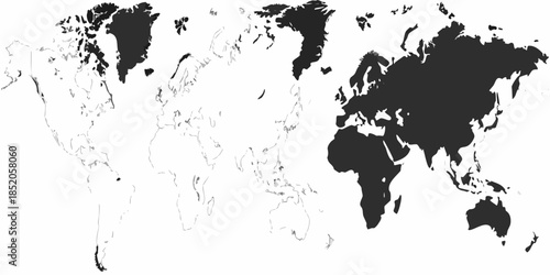A stark black and white illustration of the world s continents and oceans