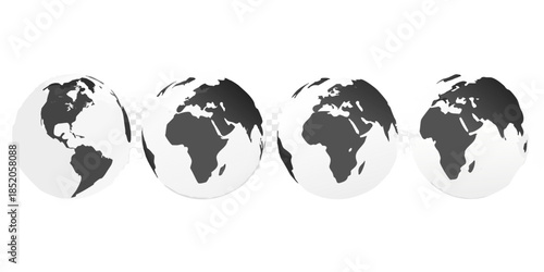 Four grayscale images of earth showing different longitudinal perspectives