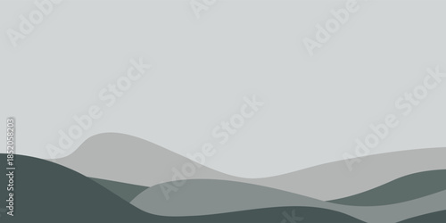 Minimalist abstract gray landscape illustration with smooth layered wavy hills and subtle tonal variations.