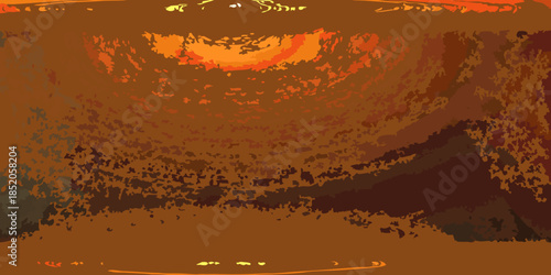 Abstract fiery landscape with a glowing sun and textured dark foreground