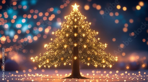 Glowing Christmas tree composed of thousands of sparkling lights with a bokeh effect, featuring a vibrant and radiant color palette, set against a transparent background, perfect for festive holiday 