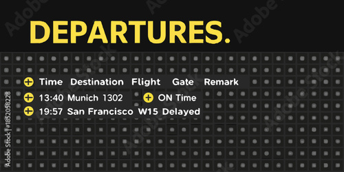 Airport departures board displaying flight information times and status updates