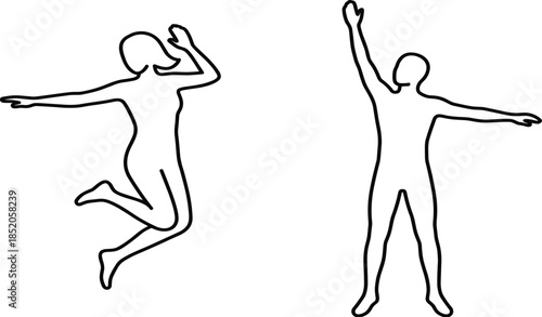 Human outline, dynamic pose, line art, black vector, jumping figure, expressive gesture, minimal design, motion, character, illustrationHuman outline, dynamic pose, line art, black vector