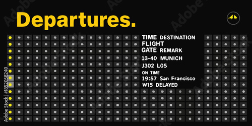 Airport departures board displaying flight information with delays and destinations