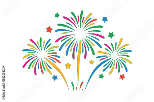 Vibrant colorful fireworks bursting in a festive celebration against a white background.