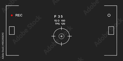 Camera viewfinder display showing recording status settings and focus crosshair
