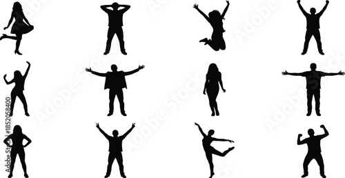 Human silhouette, dynamic pose, black vector, expressive gesture, jumping figure, dancing motion, confident stance, body language, movement, illustrationHuman silhouette
