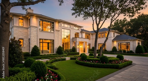 Grand estate home with lush landscaping illuminated by warm evening lights