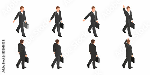 Isometric businessmen walking in different poses with briefcases a visual sequence