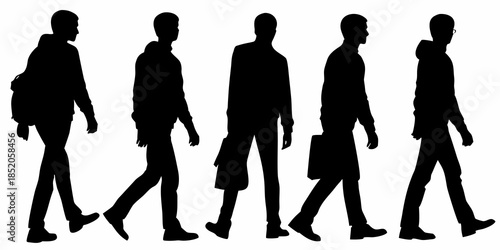 Silhouettes of five men walking some carrying bags in a linear arrangement
