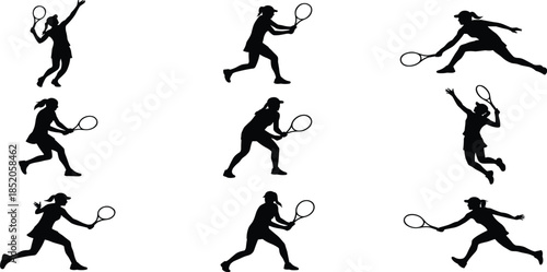 Tennis player, sports silhouette, action pose, black vector, swing motion, athletic stance, racket movement, fitness icon, outdoor game, illustrationTennis player, sports silhouette