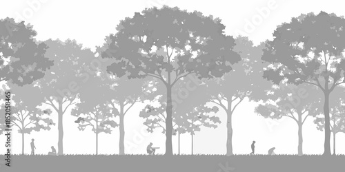 Silhouette of trees and people in a park with a bright background