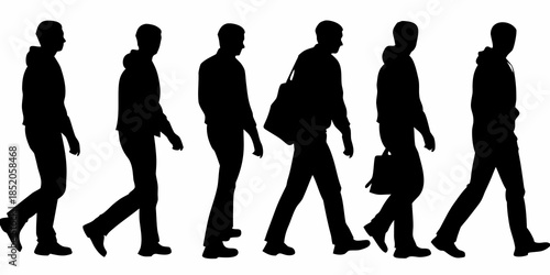 A line of silhouetted people walking in a similar direction