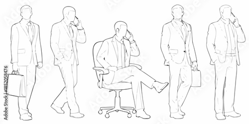 Five businessmen in suits depicted in a minimalist line art style