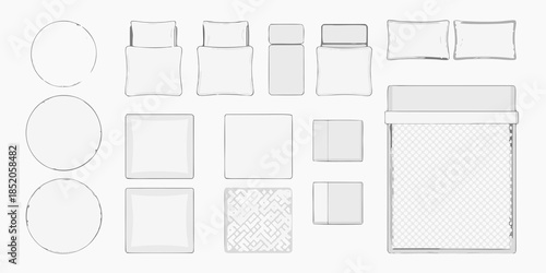 A schematic layout of furniture including beds tables and pillows