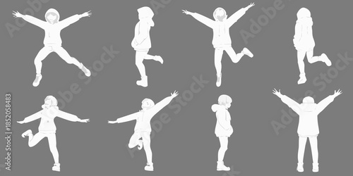 Silhouettes of people in various jumping and celebratory poses against a gray background