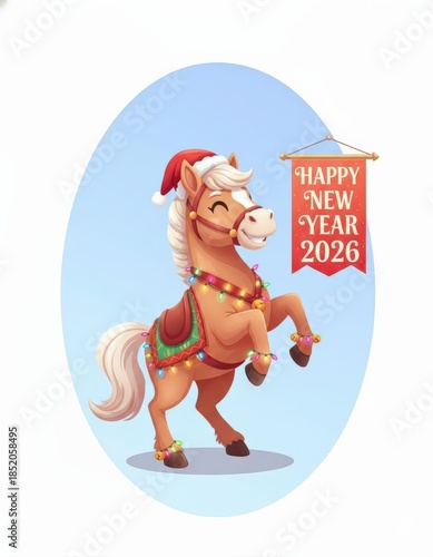 Happy New Year 2026 Festive Cartoon Horse Illustration