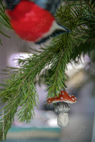 Spruce branches decorated with New Year and Christmas decorations