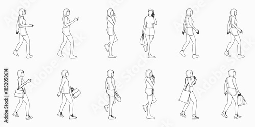 Line art illustration of women in various walking poses and casual outfits