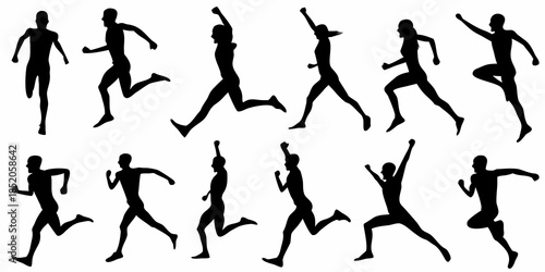 Silhouettes of people in dynamic running and jumping poses isolated on white