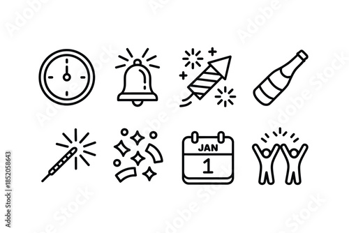 Celebration icons for New Year's Eve, including fireworks, champagne, and a calendar.