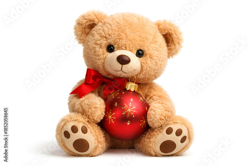 Brown teddy bear holding red Christmas ornament ball isolated on white background
