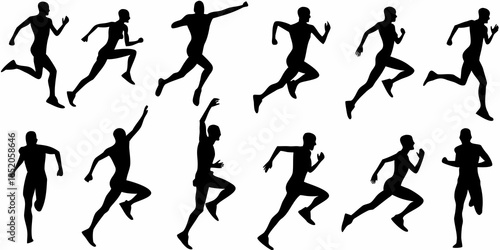 Silhouettes of people running and exercising in various dynamic poses